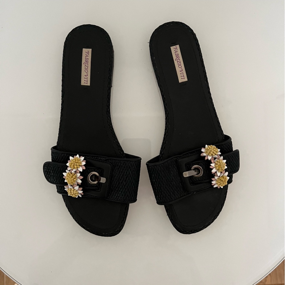 Fabrizio Viti Raffia Leather Daisy Flower Slide Sandals 38